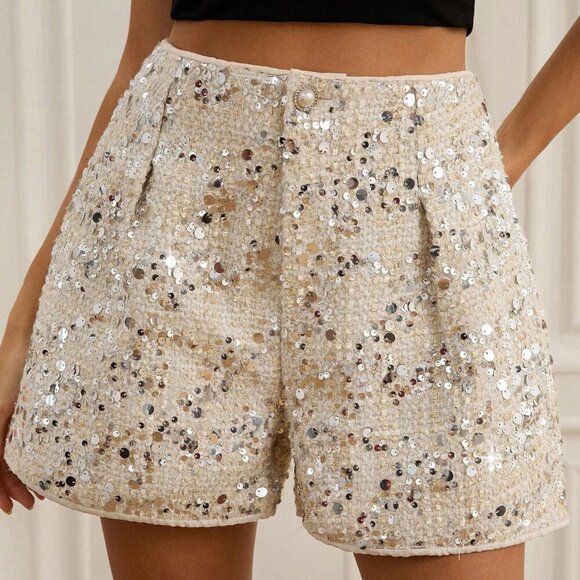 Beige Party Women's Tweed Sequin Shorts - Picture 1 of 6